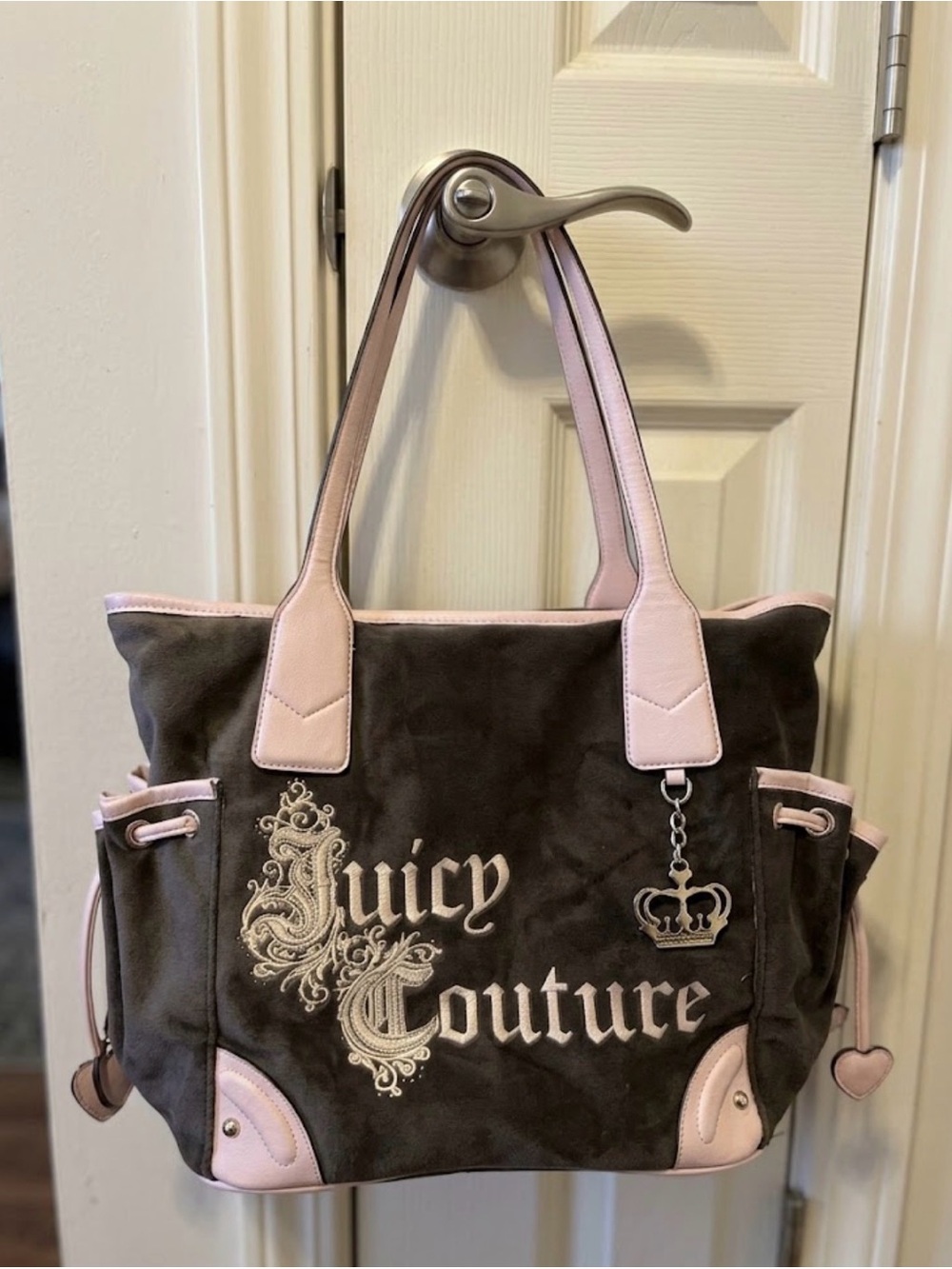 Juicy Couture Brown Suede Tote with Pink Trim and Charm